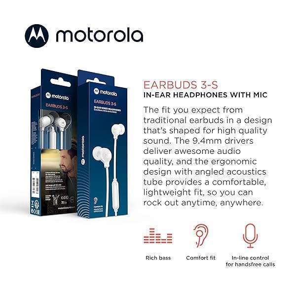 Motorola Earbuds 3-S: Comfortable Wired In-Ear Headphones with Microphone & Clear Bass Sound - Lightweight, Non-Tangle Design - Image 3