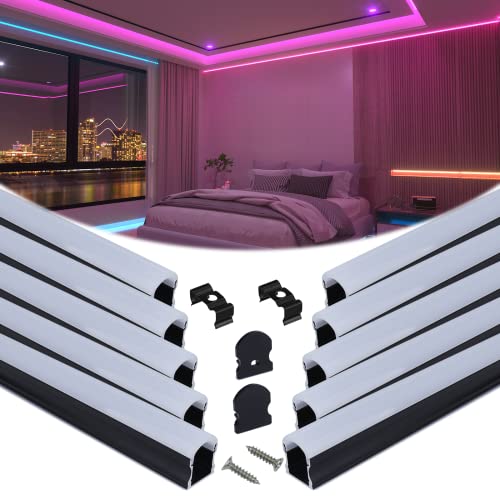 Muzata 10Pack 6.6FT LED Channel System with Milky White Cover Black Aluminum U Shape Diffuser for LED Strips U108 BW 2M