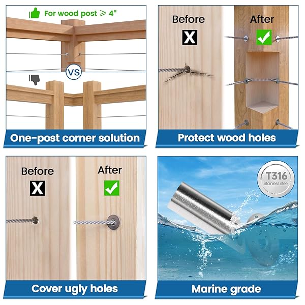 Muzata 40 Pack 45 Degree Angle Adjustable Protector Sleeve for Wood Post 90 Degree Corner Post T316 Stainless Steel Wire Rope Railing Kit - Image 5