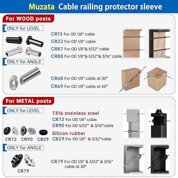 Muzata 40 Pack 45 Degree Angle Adjustable Protector Sleeve for Wood Post 90 Degree Corner Post T316 Stainless Steel Wire Rope Railing Kit - Image 8