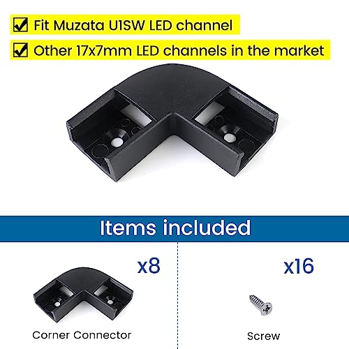 Muzata 8Pack Black Corner Connector Kit for LED Channel L Shape 90 Degree Connectors fit Muzata U1SW U Shape 17x7MM Black LED Strip Channel LC07 - Image 5