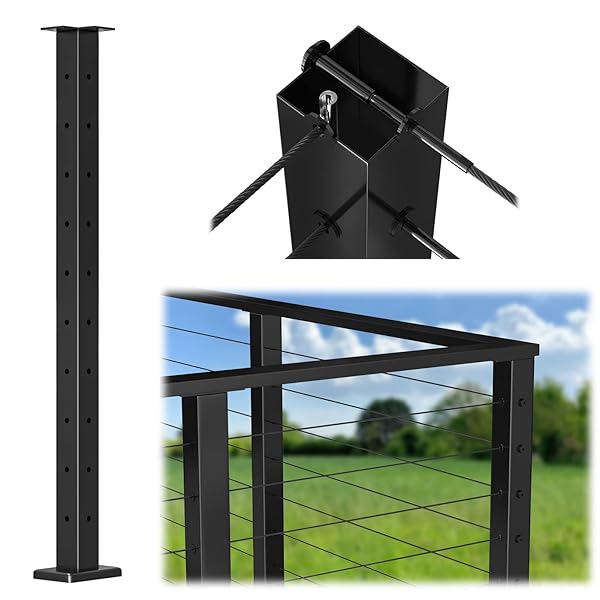 "Muzata Black Corner Cable Railing Post Kit - T304 Stainless Steel, 36"x2"x2", Indoor/Outdoor Solution" - Image 3