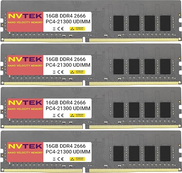 NVTEK 64GB DDR4 2666MHZ PC4-21300 UDIMM Desktop Memory Kit 4X16GB Non-ECC Unbuffered 288-PIN CL19 1.2V