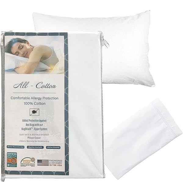 National Allergy King Size Cotton Zippered Pillow Protector - 2 Pack, Hypoallergenic, 300 Thread Count, Breathable Encasement