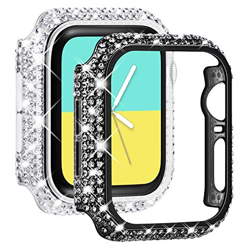 NewWays 2-Pack Bling Diamond Cases for Apple Watch 40mm - Stylish Protection for iWatch SE Series 6/5/4 in Black & Clear