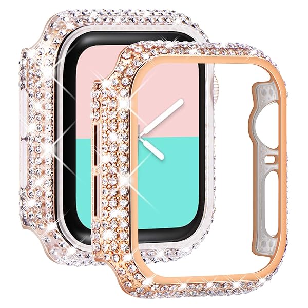 NewWays 2-Pack Bling Cases for Apple Watch 44mm - Diamond Protective Bumper for Women, Rose Gold & Clear