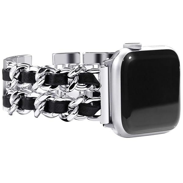 NewWays Silver Link & Black Leather Apple Watch Band for Series 8, 7, SE, 6, 5, 4, 3 - Stylish Jewelry Bracelet for Women