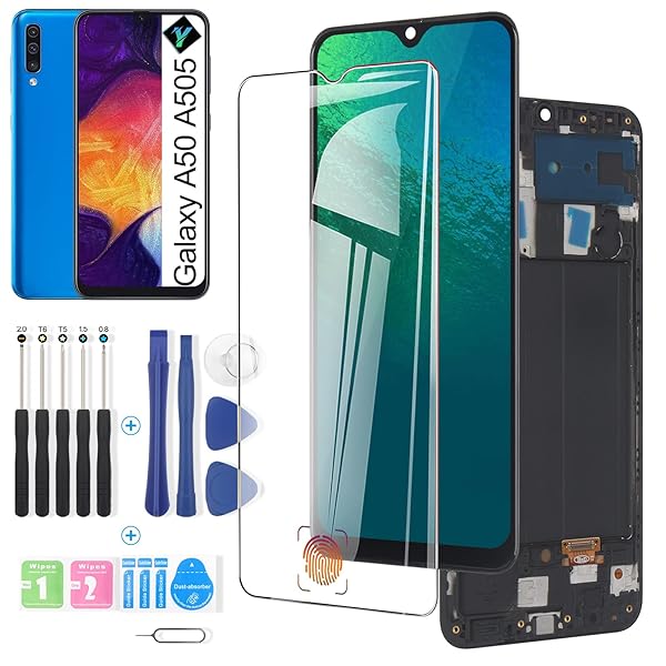 Samsung Galaxy A50 2019 OLED Screen Replacement LCD Touch Display Digitizer Assembly with Repair Tools and Fingerprint Sensor Support