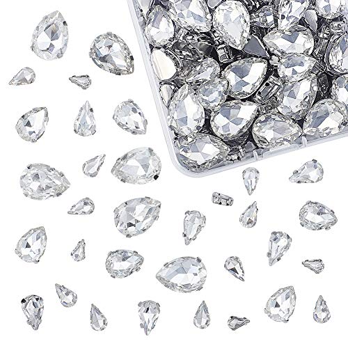 OLYCRAFT 100pcs Clear Glass Teardrop Sew On Rhinestones Mixed Size Flatback Claw for Jewelry Costume Dress and Shoes