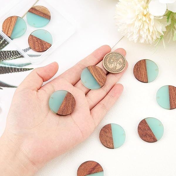 OLYCRAFT 10pcs Round Resin Wooden Earring Pendants - Vintage Turquoise Flat Cabochons for Jewelry Making - Image 4