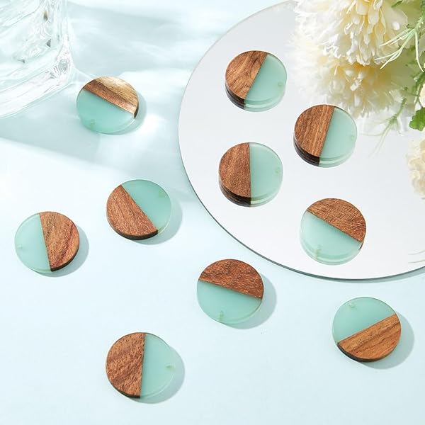OLYCRAFT 10pcs Round Resin Wooden Earring Pendants - Vintage Turquoise Flat Cabochons for Jewelry Making - Image 5