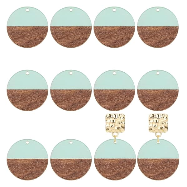 OLYCRAFT 10pcs Round Resin Wooden Earring Pendants - Vintage Turquoise Flat Cabochons for Jewelry Making - Image 2