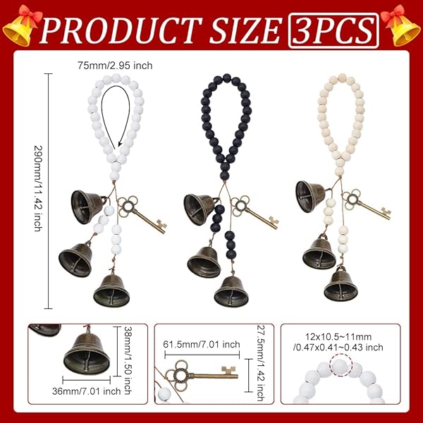 OLYCRAFT 3Pcs Witch Bells with Wood Beads for Door Knob Hanger Pagan Bell Decor Wood Beads Antique Magic Keys Witchy Room Home Decor Witchy Gifts - Image 2