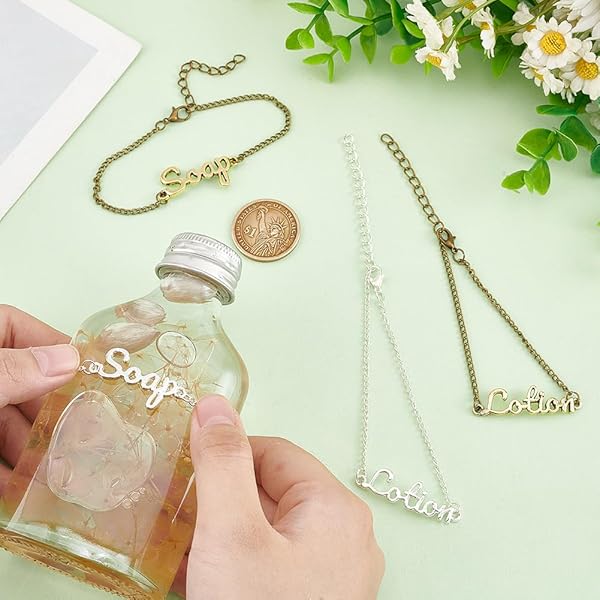 OLYCRAFT 4 Pcs Soap Chain Labels Lotion and Soap Dispenser Chain Labels Gold Silver Soap Tags Lotion Bottle Tags for Farmhouse Rustic Decor Bathroom - Image 3