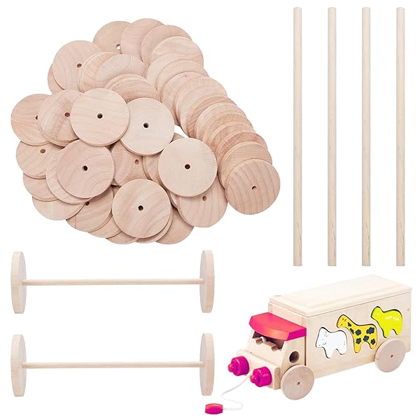 OLYCRAFT 52pcs Wooden Craft Wheels with 26pcs Wooden Sticks 2 Inch Diameter Unfinshed Wood Wheel Sticks Set Small Wood Wheels Flat Craft Wheels for