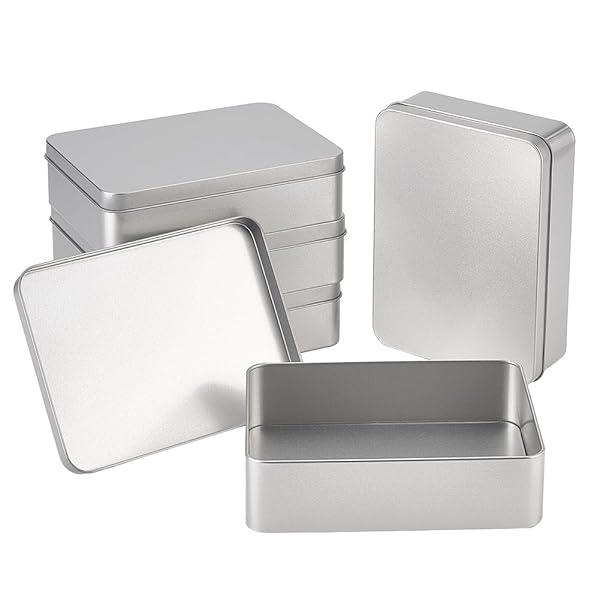 OLYCRAFT 5PCS Rectangle Metal Empty Tins Airtight Storage for Small Items Home Organizer Christmas Decorations 6x4x1.6 Inch Silver