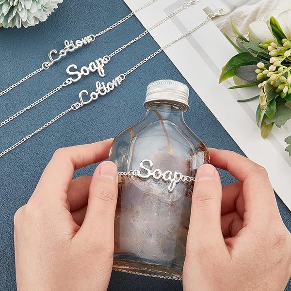 OLYCRAFT 8Pcs Soap and Lotion Label Tags With Chains - Alloy Dish and Hand Soap Bottle Tags for Bathroom Kitchen Farmhouse Vintage Rustic Decor - - Image 3