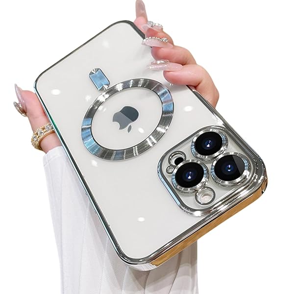 OOK Magnetic Case for iPhone 14 Pro Max with Camera Lens Protector Compatible with MagSafe Soft TPU Anti-Scratch Shockproof Slim Clear Case Silver - Image 2