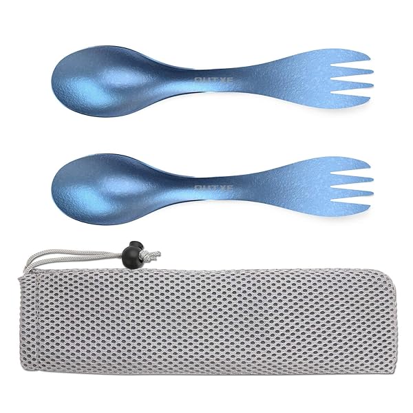 OUTXE 2-Pack Titanium Camping Utensils: Eco-Friendly Sporks for Backpacking & Hiking - Ice-Crystal Blue