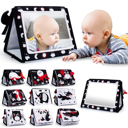 Oarifun Tummy Time Mirror and Soft Book Set High Contrast Baby Toys for Sensory Play and Crawling Activities