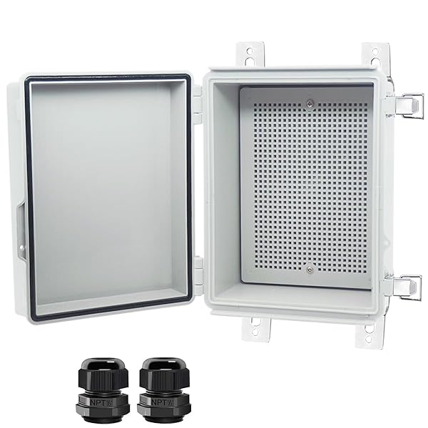 IP67 Waterproof Junction Box with Hinged Cover & Cable Glands - Stainless Steel Electrical Enclosure 8.7x6.7x4.3 inch