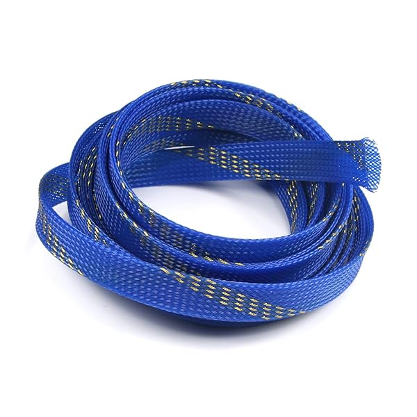 Othmro 5m PET Expandable Braid Cable Sleeving Flexible Wire Mesh Sleeve Blue Gold for Power Cord Audio Video Cable Protection