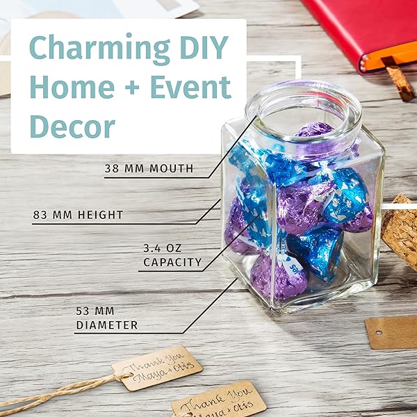 Otis Classic Square Glass Jars Set of 12 - Mini 3.4 oz Jars with Lids for Wedding Favors, DIY Crafts, Spices & Candy - Image 6