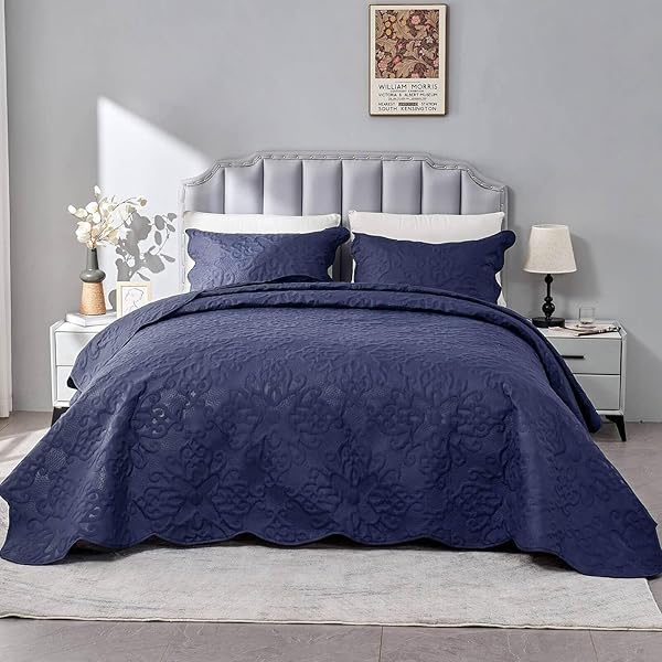 Oversized King Bedspreads 128x120 Extra Wide Lightweight Quilt Set for Tall King California King Bed Navy 3 Piece Coverlet Pillow Shams - Image 5