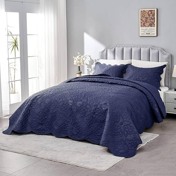Oversized King Bedspreads 128x120 Extra Wide Lightweight Quilt Set for Tall King California King Bed Navy 3 Piece Coverlet Pillow Shams - Image 6