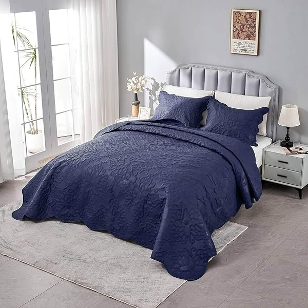 Oversized King Bedspreads 128x120 Extra Wide Lightweight Quilt Set for Tall King California King Bed Navy 3 Piece Coverlet Pillow Shams - Image 7