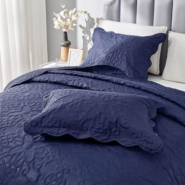 Oversized King Bedspreads 128x120 Extra Wide Lightweight Quilt Set for Tall King California King Bed Navy 3 Piece Coverlet Pillow Shams - Image 8