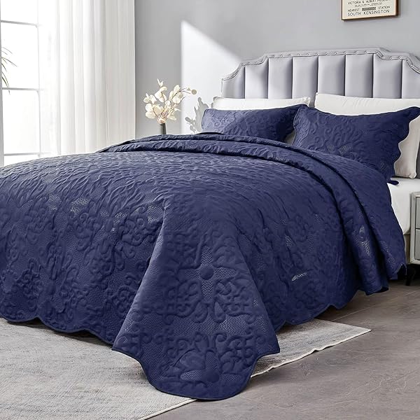 Oversized King Bedspreads 128x120 Extra Wide Lightweight Quilt Set for Tall King California King Bed Navy 3 Piece Coverlet Pillow Shams - Image 3