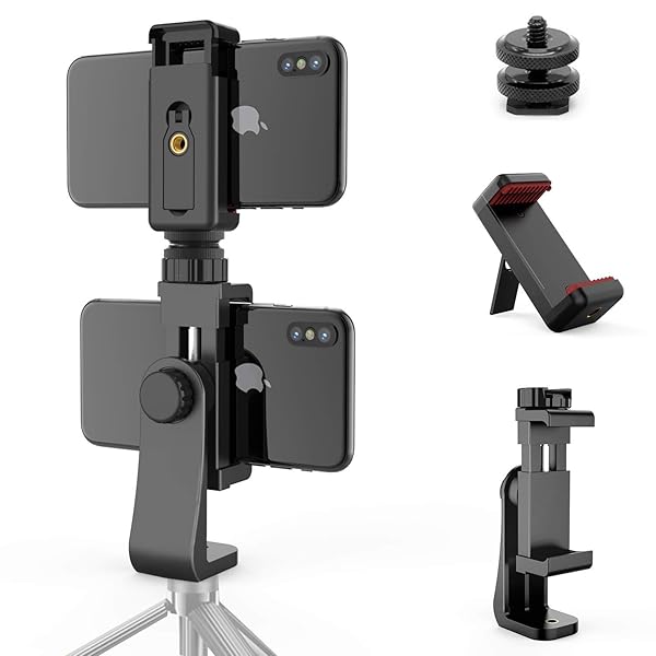 Owine Owine Universal Dual Cell Phone Tripod Mount Adapter - Premium Smartphone Clamp for iPhone, Samsung, LG & More