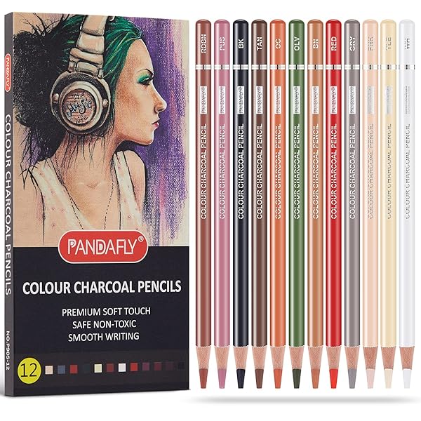 PANDAFLY 12-Color Professional Colored Charcoal Pencils Set for Sketching, Shading & Blending - Perfect for Artists! - Image 3