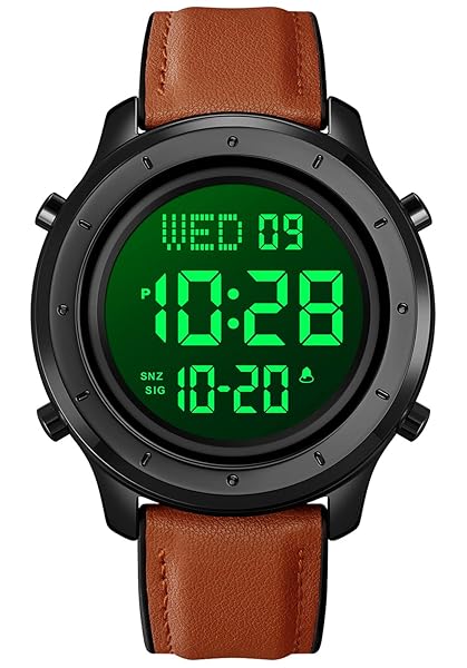 PASOY PASOY Mens Big Dial Digital Leather Watch Simple Large Display Countdown Alarm Stopwatch LED Backlight Black Dial Business Multifunction Watches