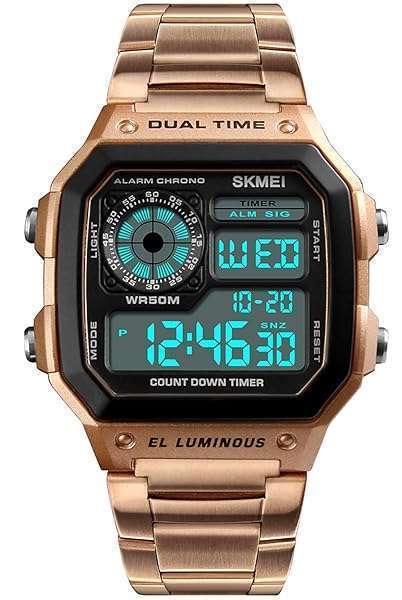 PASOY Men's Waterproof Digital Watch - Multi-Function, 2 Time Zones, Alarm & Stopwatch in Rose Gold
