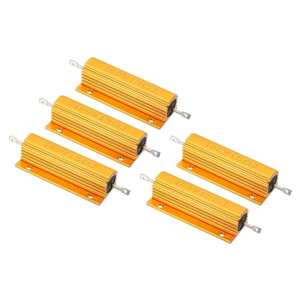 PATIKIL 100W 15 Ohm Aluminum Shell Resistor, 5 Pack Aluminum Housing Resistor Housed Case Wirewound Resistors Screw Tap Power Resistor, Golden