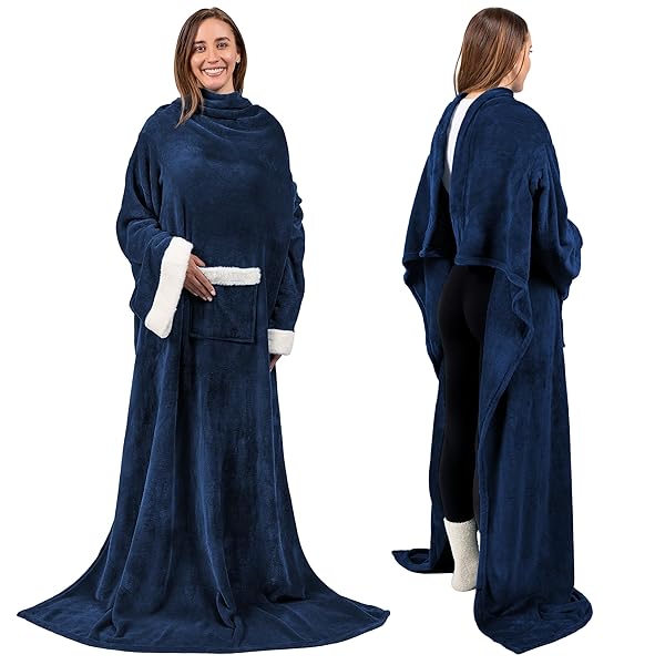 PAVILIA Cozy PAVILIA Fleece Blanket with Sleeves - Perfect Wearable Gift for Mom & Dad | Soft Plush Snuggle Throw in Navy Blue