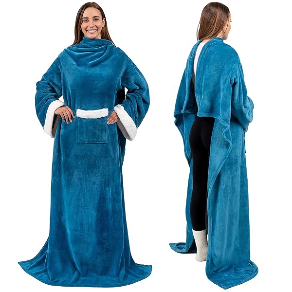 Cozy PAVILIA Fleece Blanket with Sleeves - Perfect Gift for Mom & Dad | Warm Plush Wearable Throw in Teal Blue