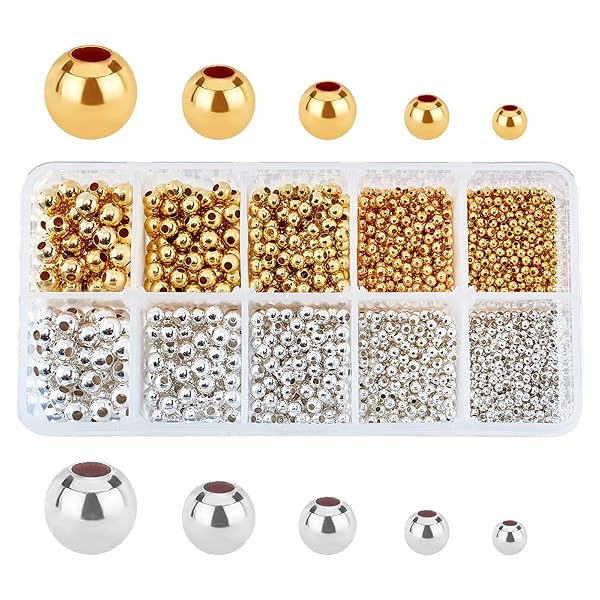 PH PandaHall PH PandaHall 2340pcs Smooth Round Metal Beads in Gold and Silver for Jewelry Making Necklace Bracelet Earring 2.4 to 6mm