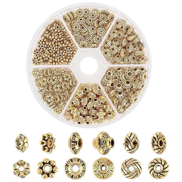 PH PandaHall 300pcs Antique Golden Tibetan Metal Spacer Beads for Jewelry Making 6 Styles 5.5-6.5mm Ideal for Bracelets and Necklaces