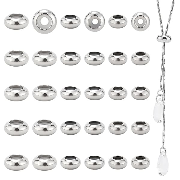 PH PandaHall PH PandaHall 304 Stainless Steel Slider Beads 30pcs Adjustable Metal Loose Beads for Bracelet Necklace Jewelry Making 7mm 8mm 10mm