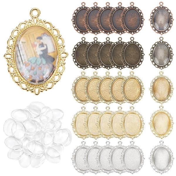 PH PandaHall 60pcs Pendant Tray Kit with 30 Oval Bezel and 30 Glass Cabochon Dome Tiles for Wedding and Graduation Photo Charms
