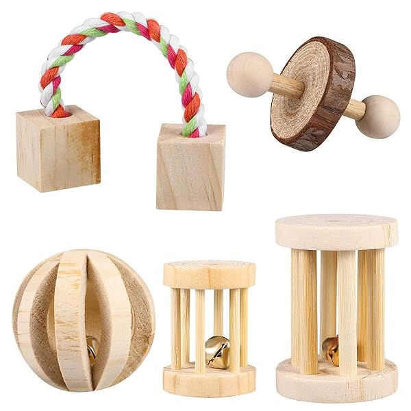 POPETPOP 5PCS Natural Wooden Hamster Chew Toys for Small Animals Teeth Care and Exercise Bell Roller for Bunnies Rats and Gerbils