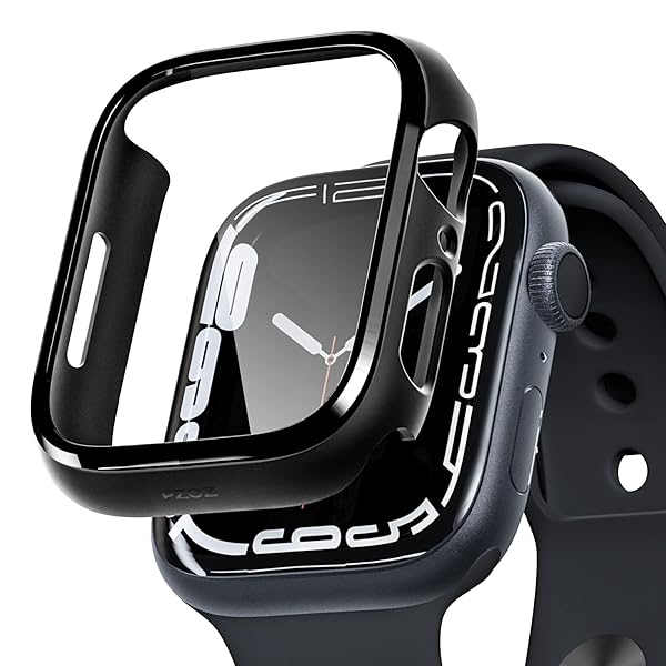 PZOZ Slim Hard Case & Tempered Glass for Apple Watch Series 9/8/7 (41mm) - Full Coverage Black Bumper Accessories