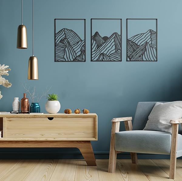 Peryiter 3 Pcs Christmas Metal Wall Art Decor Landscape Mountain Wall Hanging Decor for Living Room Abstract Minimalist Modern Mountain Line Pictures - Image 5