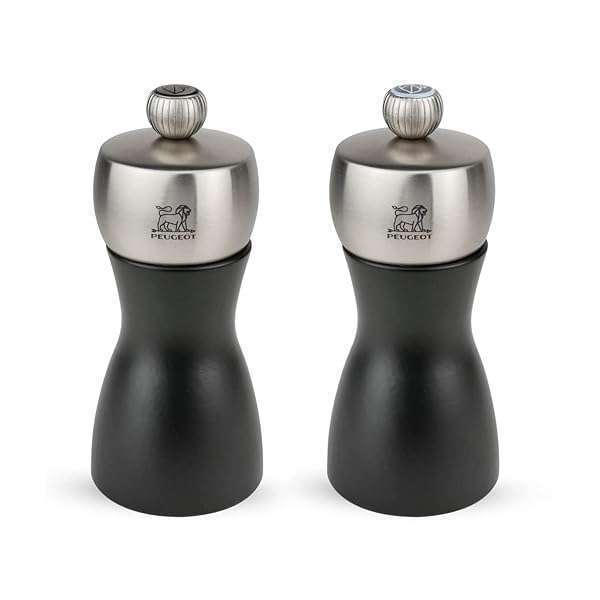 Peugeot Fidji 5-Inch Manual Salt & Pepper Mill Set - Adjustable Beechwood & Stainless Steel Grinders in Matte Black