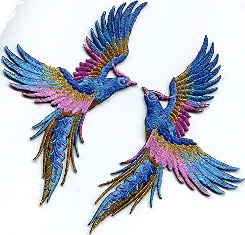 Phoenix Bird Iron-On Patches: Azure Blue & Pink Gold Embroidered Appliques - S-1338 Pair