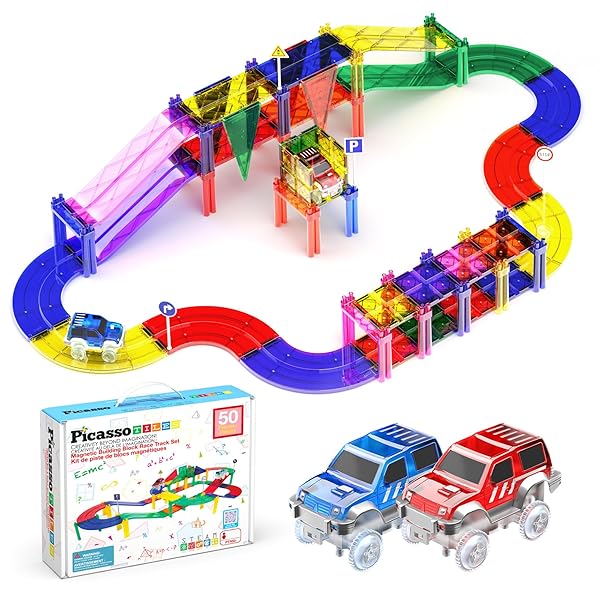 PicassoTiles 50-Piece Race Car Track Set: Magnetic Building Blocks for STEM Learning & Fine Motor Skills
