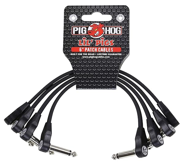"Pig Hog PHLSK6BK 6" Low Profile Right-Angle 1/4" Black Instrument Patch Cables - 4 Pack for Musicians"